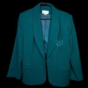 Vintage Teal Blazer Jacket Medium Wool Monogram Coat